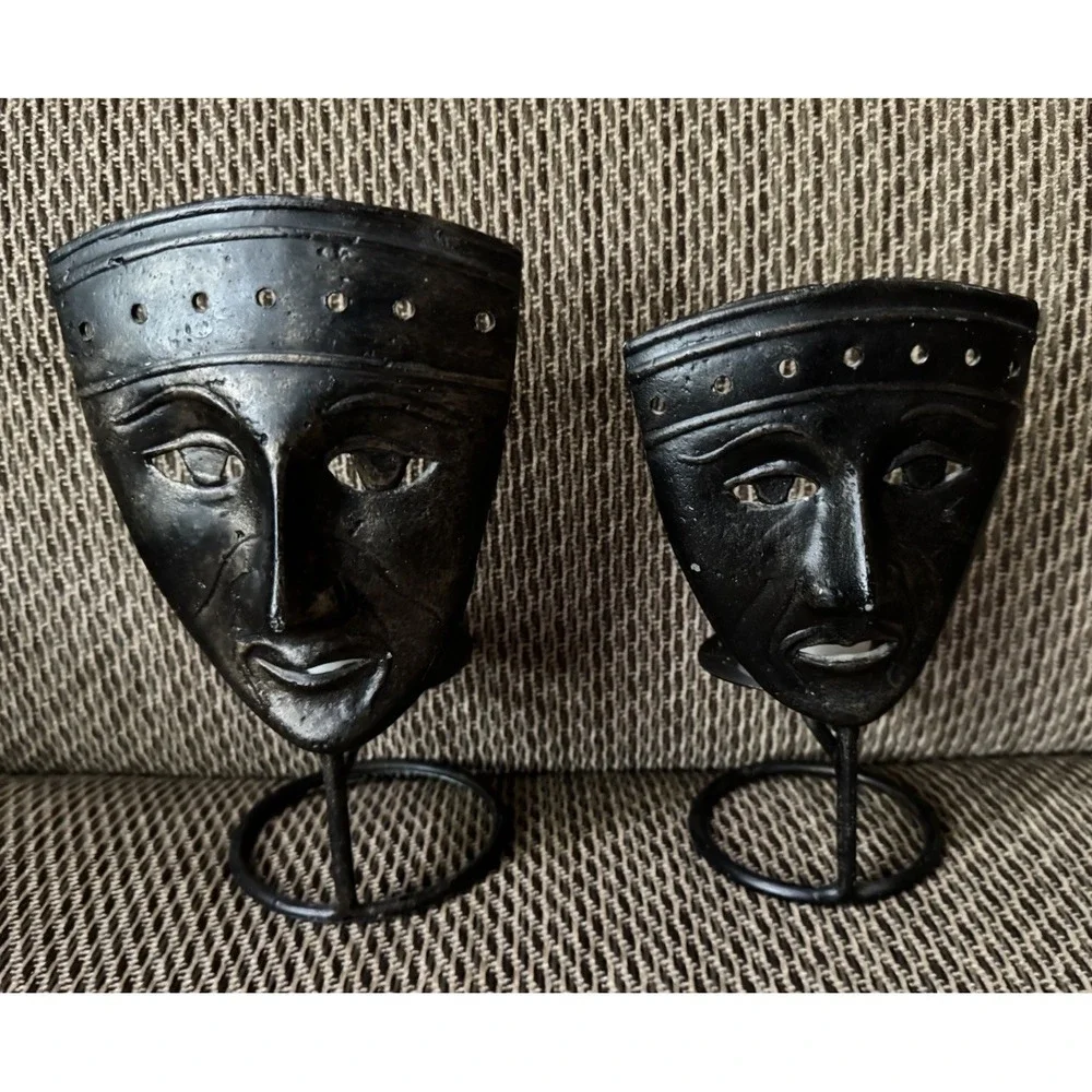 Vintage Style Cast Iron Tribal Face Mask Votive Candle Holders Set‎ Rustic Decor